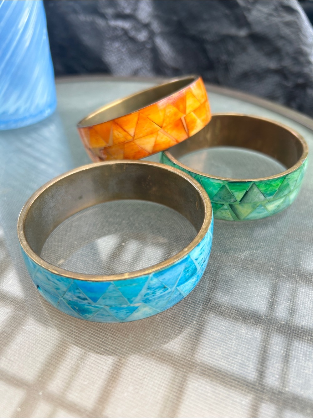 Vintage Mosaic Shell & Brass Bangle Set Trio 70s Boho Retro Stacking Bracelets